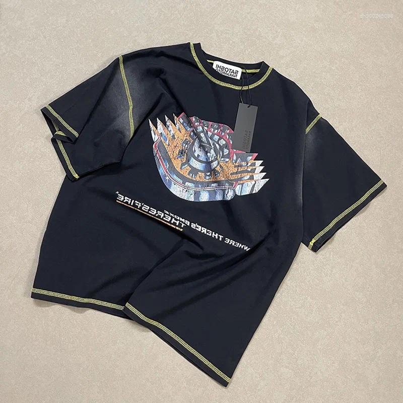 Men's T Shirts Hip Hop Yellow Stitching Patchwork Vintage Washed Black T-Shirt Men Women Cracked Graphics Shirt Cotton Tags