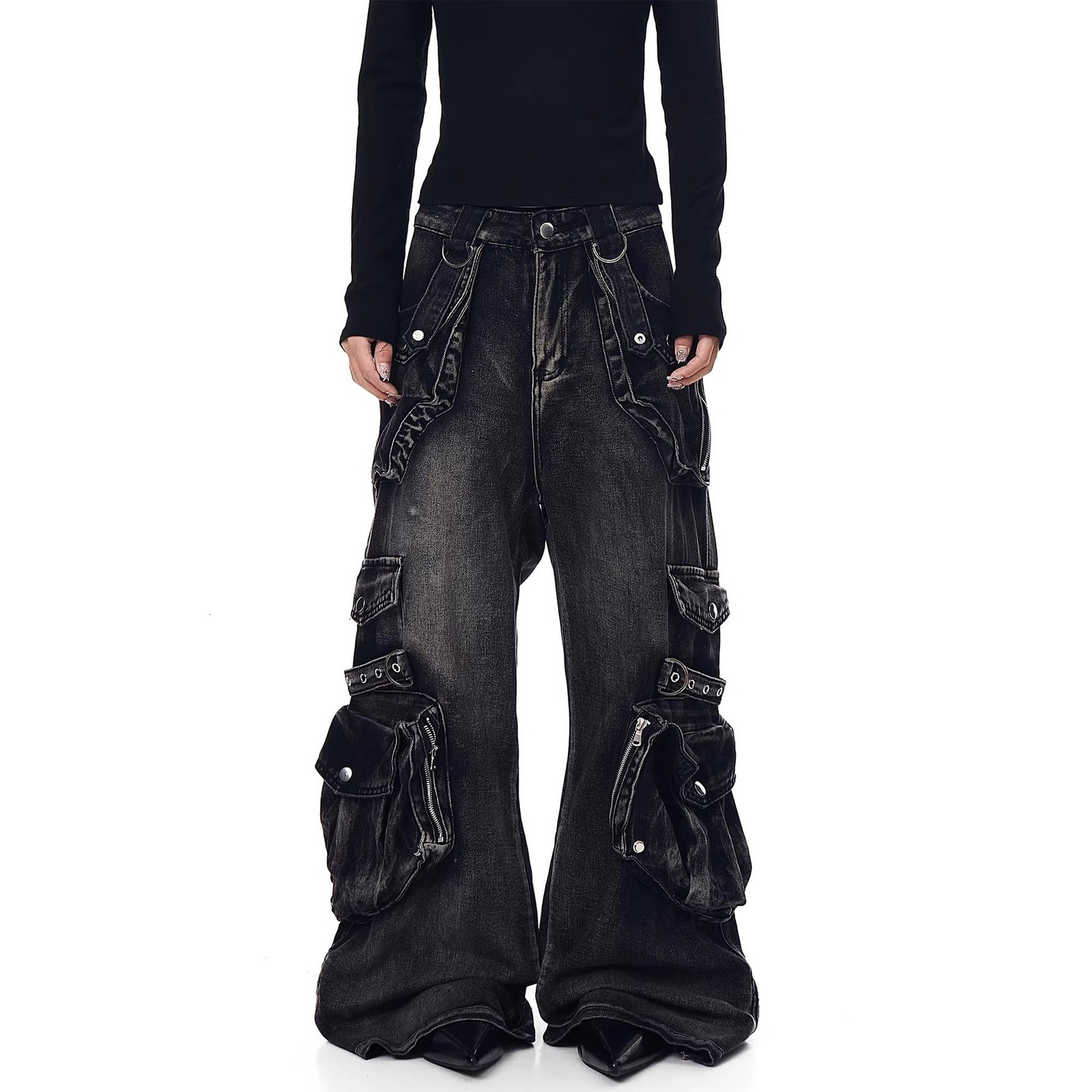 Gothic Harajuku Y2K Multi-Pocket Washed Black Jeans Men Fall Loose Drag Pants Street Hip Hop Rap 90s Spice Wide Leg Pants 250107 - view 7