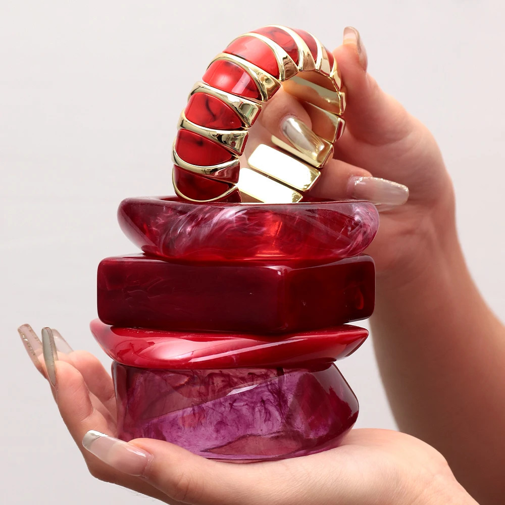 Fashion Dark Red Irregular Acrylic Bangle for Women Statement Resin Thick Geometric Cuff Bracelets Autumn Winter Jewelry Gift260528BJ - view 4