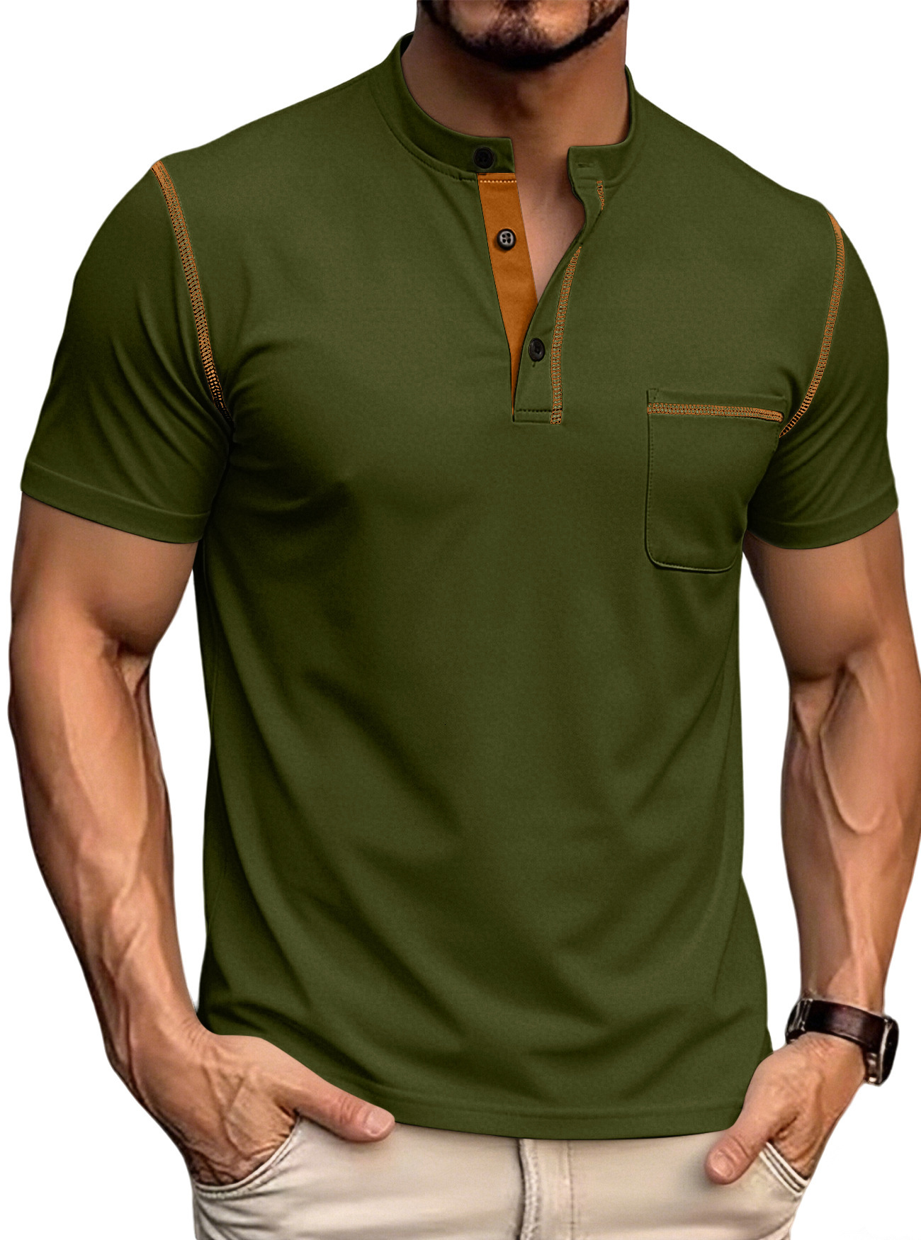 Small diagonal breathable short sleeved half buttoned Henry Polo shirt mens European and American plus size casual sports T-shirt