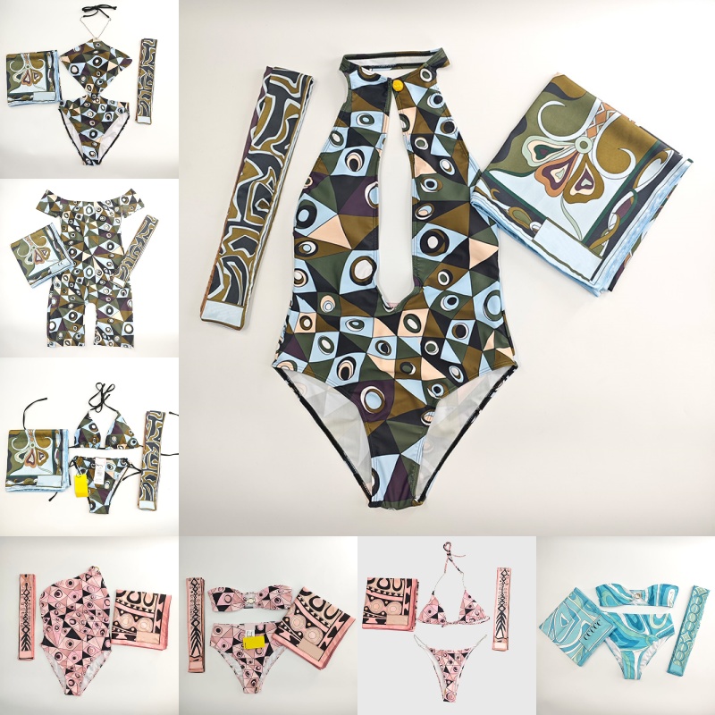 Luxury Women Color Blocked Swim Bra Briefs Headband Scarf Designer Halter Split Bikinis Swimsuit Summer Vacation Beach Pool Party Yacht Swimwear