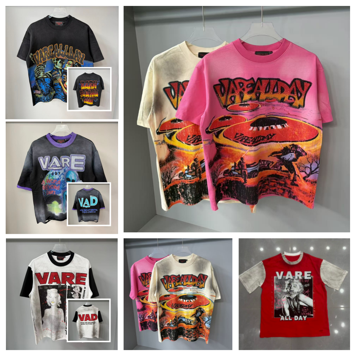 Men's T Shirts VARE ALL DAY American Street Washed Distressed Rhinestone Print Loose Round Neck Vintage Short-Sleeve Hip-hop Y2K T-Shirt Men Wome