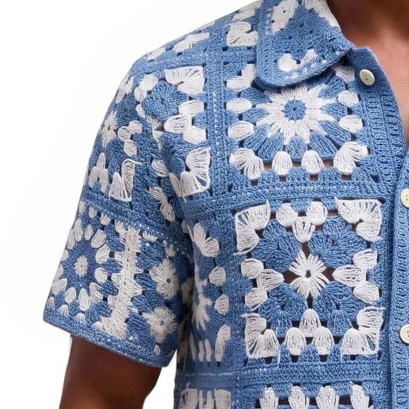 Men Retro Printed Knitted Short Sleeved Cardigan Casual Trend Turn-down Collar Button T-shirts Summer Male Street Sweater 240814