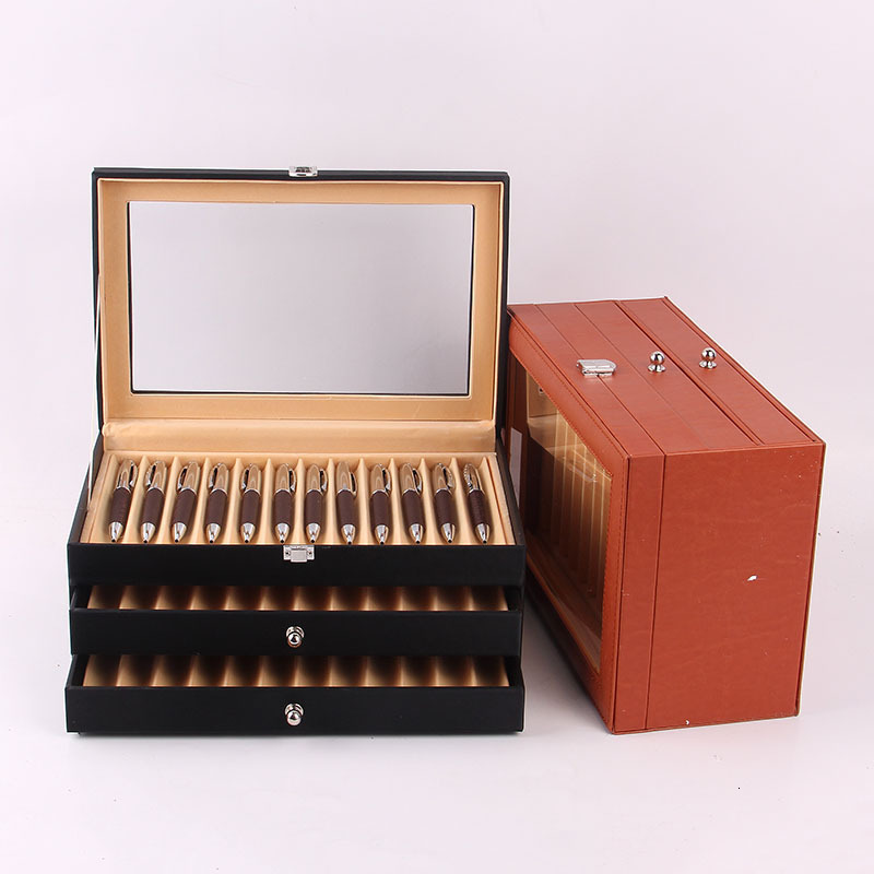 Pencil Cases 36 Slots Pen Display Box Leather Flannel Pen Organizer Box Glass Window Pen Display Case Storage Box Pen Collection Display 230620
