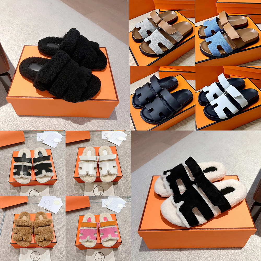 Designer Shoes Women European Popular Women Fluffy Curly Wool Slide Sandals Two Strap Design Anti-skid Flat Warm Plush Slippers Indoor Outdoor Casual Shoes