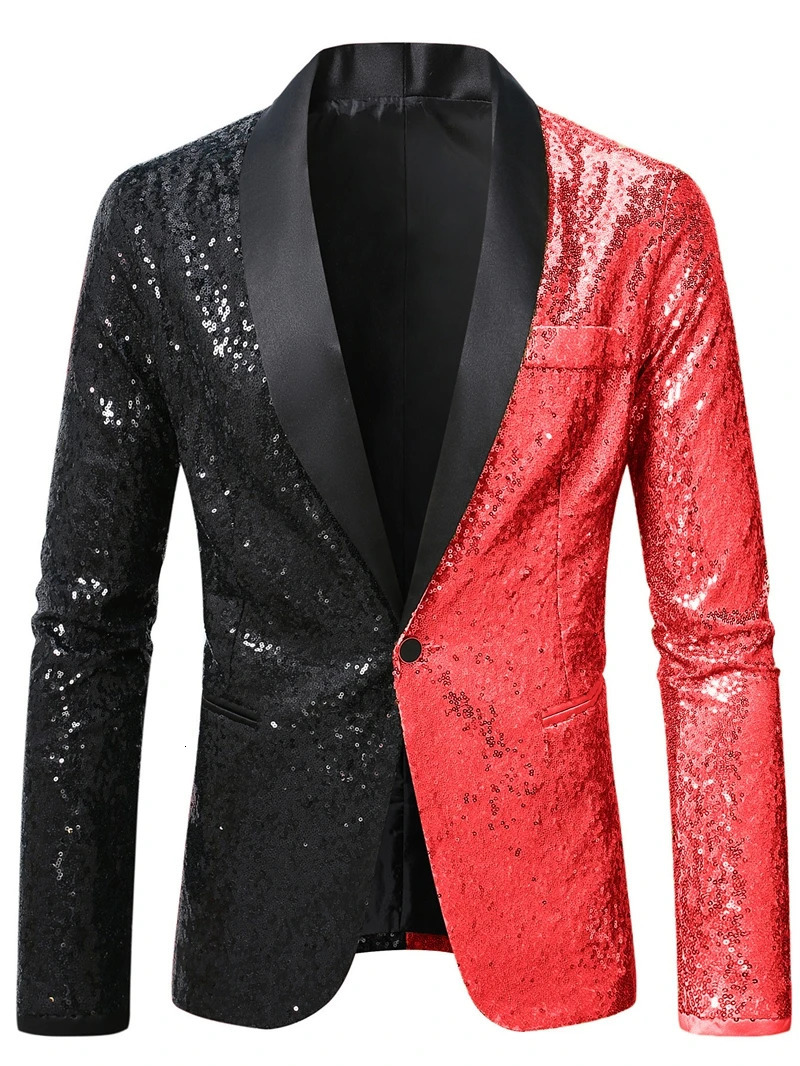 2026 Mens Suit Jacket Shiny Sequin Stage Performance Coat White Silver Blue Red Purple Blazers Vneck Single Button SXXL 260605