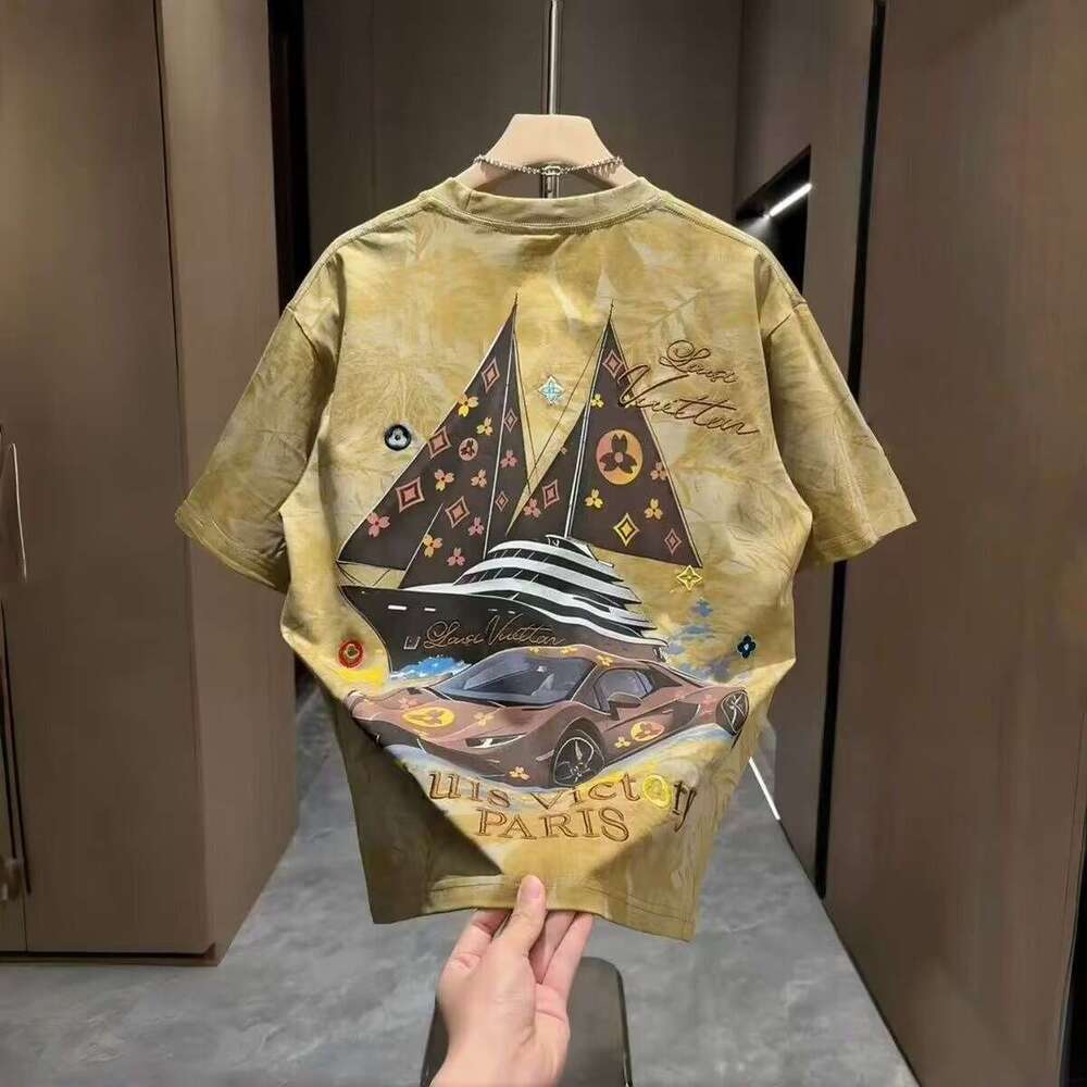 Summer New Men's Painted Panda Short Fashion Heavy Embroidery Print Trendy Brand Base Shirt Half Sleeve Top - view 3