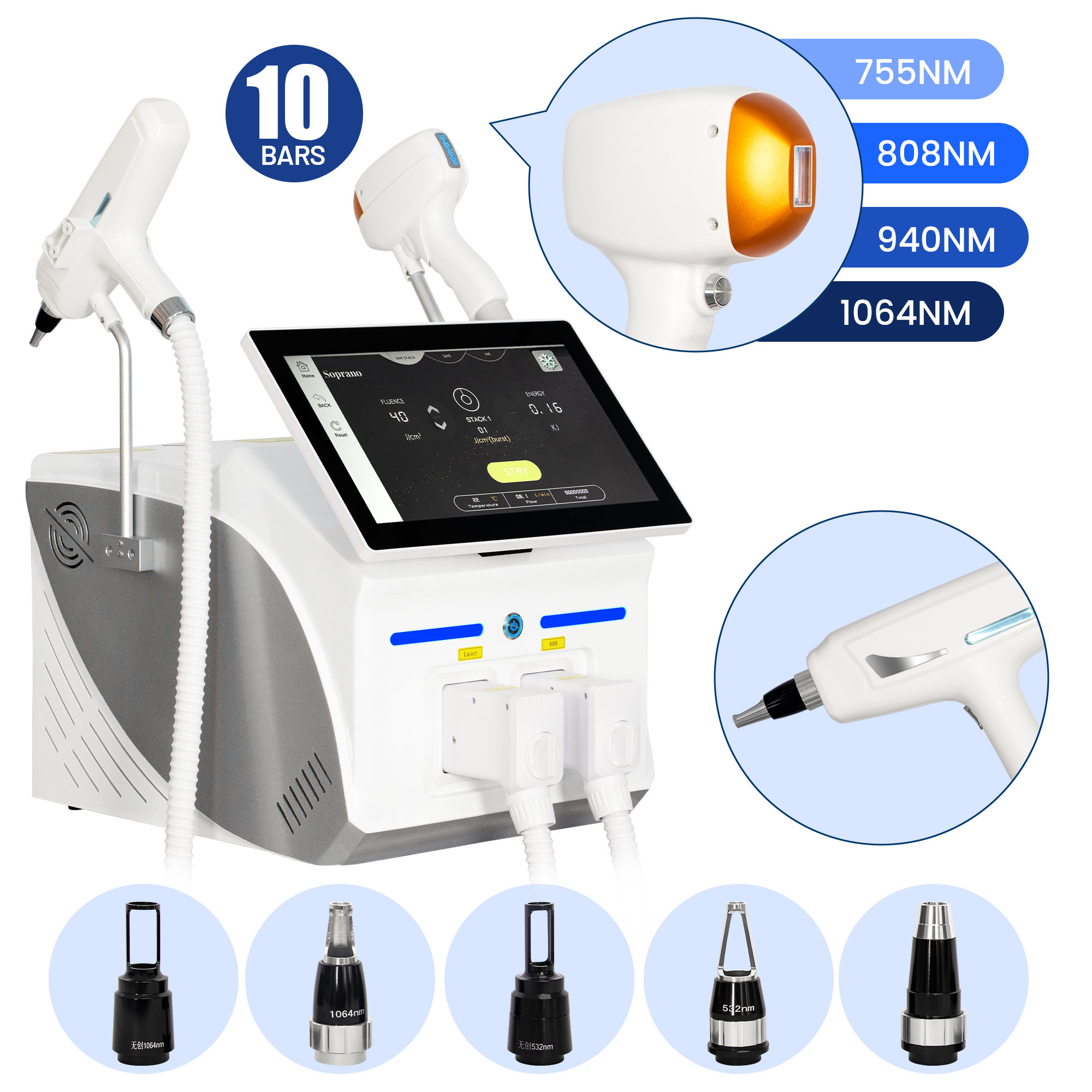 Professional Picosecond And Diode 2 In 1 Laser Tattoo Removal And Hair Removal Device 10 Bars 755 808 940 1064nm With Sapphire Ice Cooling For Whole B