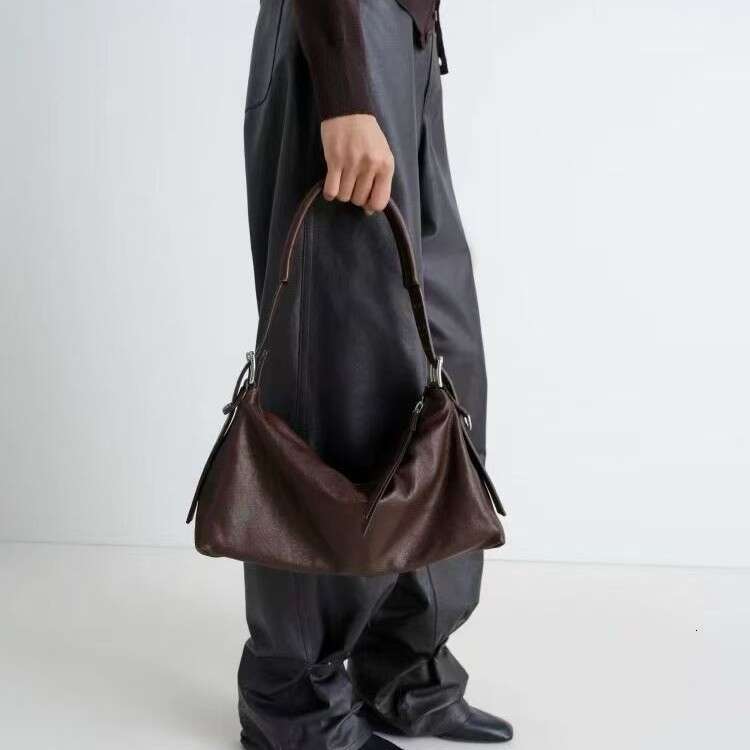 Women Vegetable Tanned Soft Top Layer Cowhide Leather Baguette Hobo Handbag Crossbody Underarm For Commuting SENYY