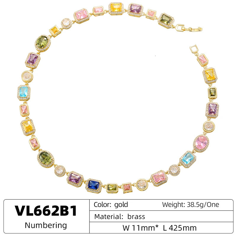 Colorful Mosaic Geometric Zircon Bracelet/Necklace Set Hip-Hop Retro Unisex Couples 18K Gold-Plated Brass JewelryVL661 VL662260530 - view 7