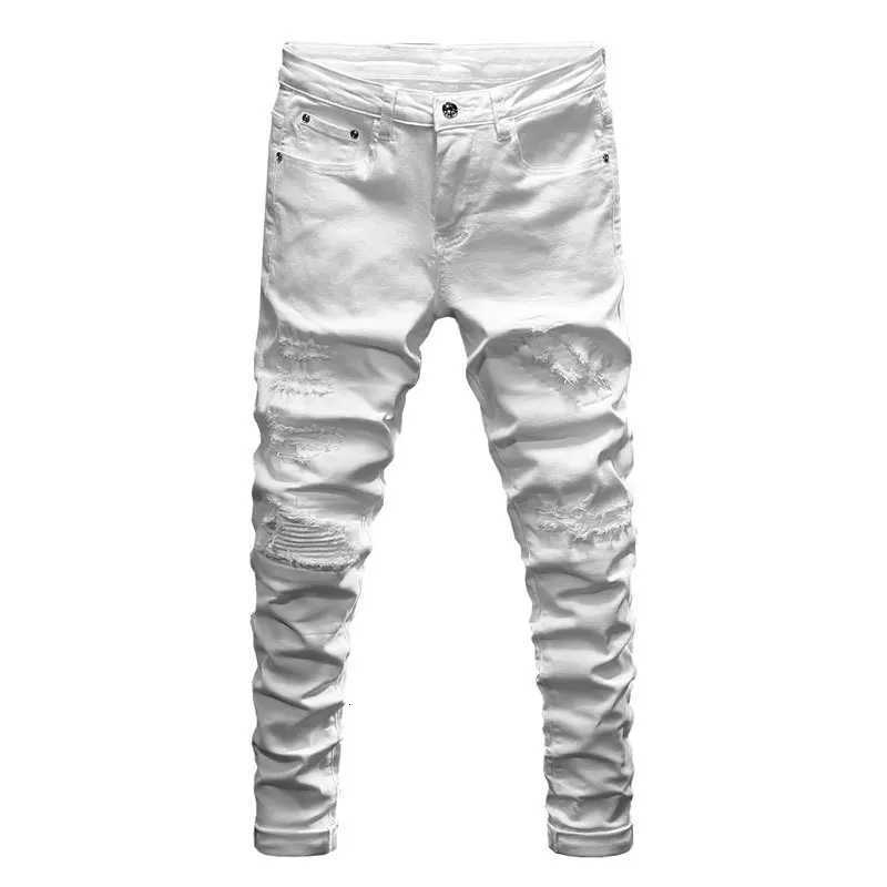 Street Fashion Men Jeans White Elastic Stretch Skinny Fit Ripped Jeans Men Zipper Designer Beading Patch Hip Hop Denim PantsT260605 - view 6