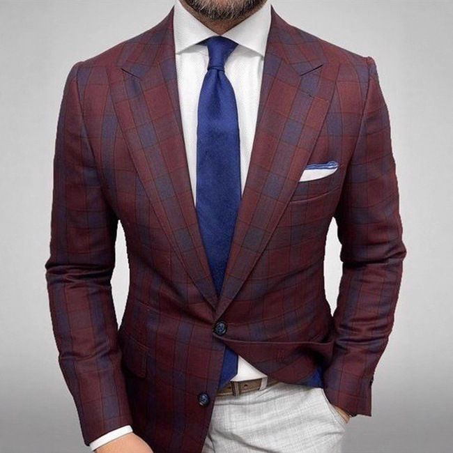Mens Allover Stripe Plaid Print Long Sleeve Classic Lapel Two Button Suit Jacket Banquet Business Occasion Old Style 240902