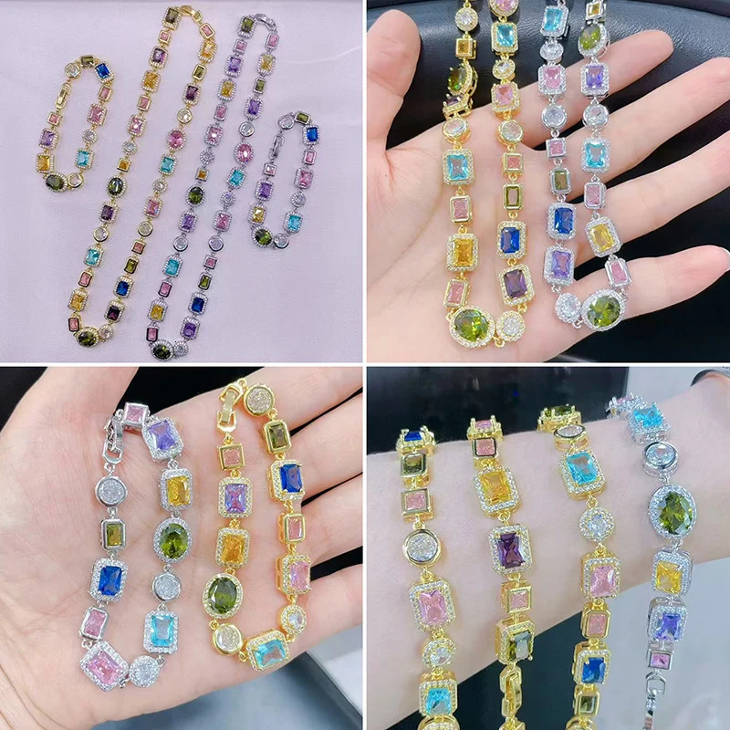 Colorful Mosaic Geometric Zircon Bracelet/Necklace Set Hip-Hop Retro Unisex Couples 18K Gold-Plated Brass JewelryVL661 VL662260530 - view 5