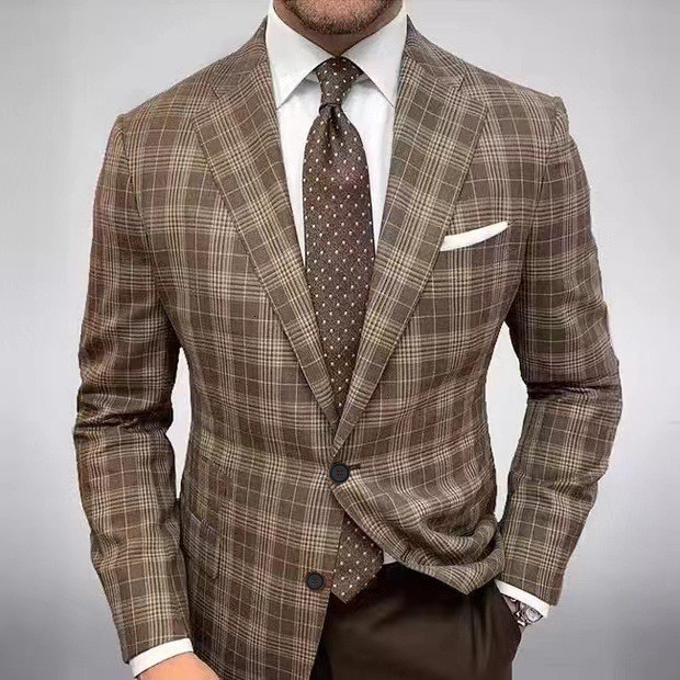 Mens Allover Stripe Plaid Print Long Sleeve Classic Lapel Two Button Suit Jacket Banquet Business Occasion Old Style 240902