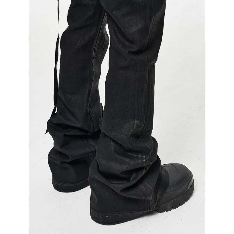 Mens High Street Vinyl Coated Black Jeans Crease Textured Wide Leg Boot Cut Slim Fit Casual Streetwear PantsT260605 - view 5