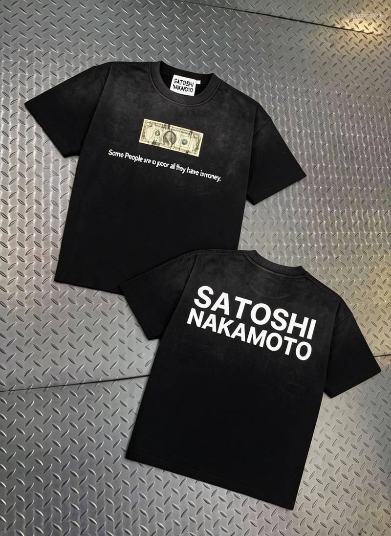 Men's T Shirts Washed Black Summer Satoshi T-shirt Dollar Print Letter Men Women Short Sleeve Top Cotton Tees - view 4