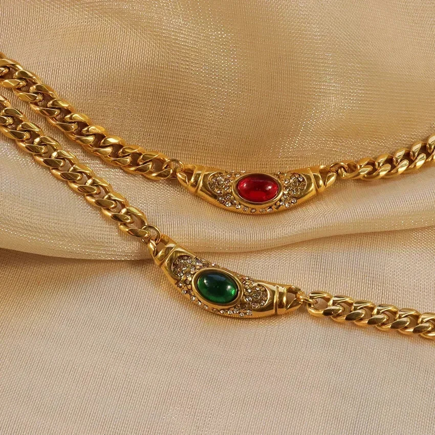 Medieval Big Glass Gem Collares Stainless steel Chain Choker Necklace260530 - view 3