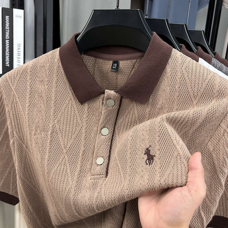 Brand Clothes 2026 Summer New Arrival Luxury Designer Knitted Tee, Middle Aged Men Korean Lapel Sweater Collar Jacquard Embroidery Shirts