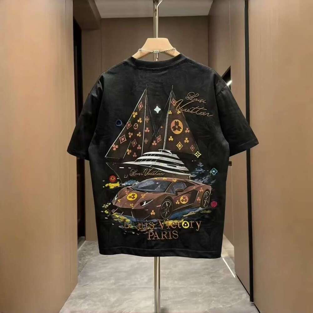 Summer New Men's Painted Panda Short Fashion Heavy Embroidery Print Trendy Brand Base Shirt Half Sleeve Top - view 4