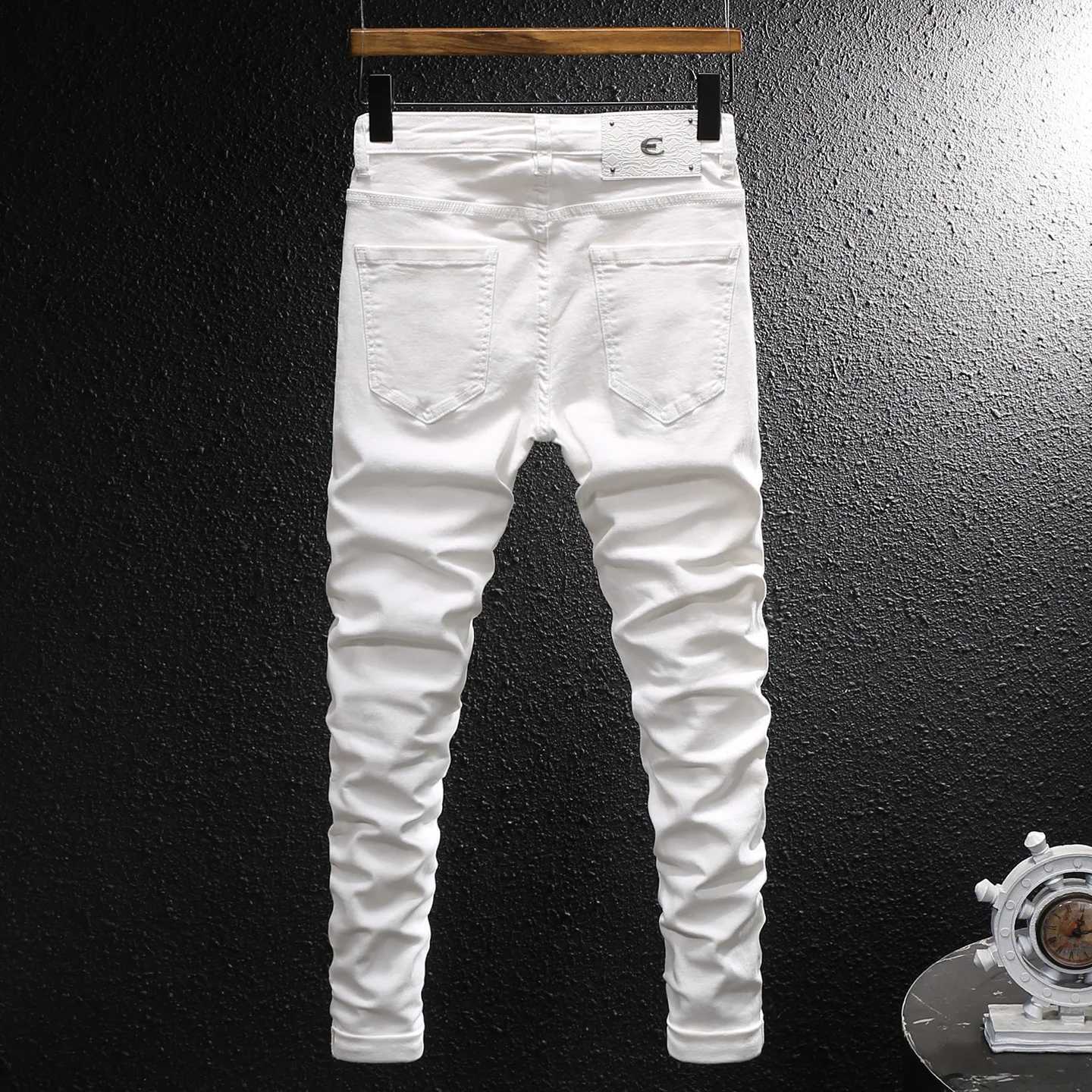 Street Fashion Men Jeans White Elastic Stretch Skinny Fit Ripped Jeans Men Zipper Designer Beading Patch Hip Hop Denim PantsT260605 - view 3