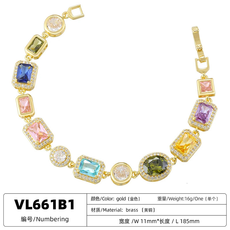 Colorful Mosaic Geometric Zircon Bracelet/Necklace Set Hip-Hop Retro Unisex Couples 18K Gold-Plated Brass JewelryVL661 VL662260530 - view 6