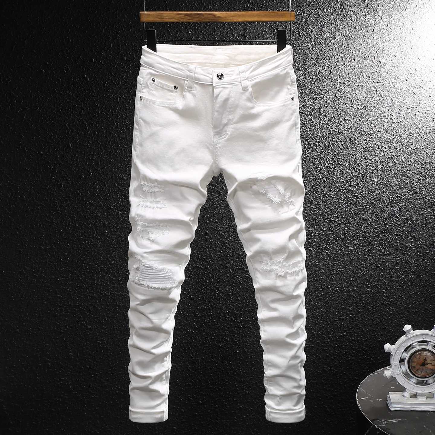 Street Fashion Men Jeans White Elastic Stretch Skinny Fit Ripped Jeans Men Zipper Designer Beading Patch Hip Hop Denim PantsT260605