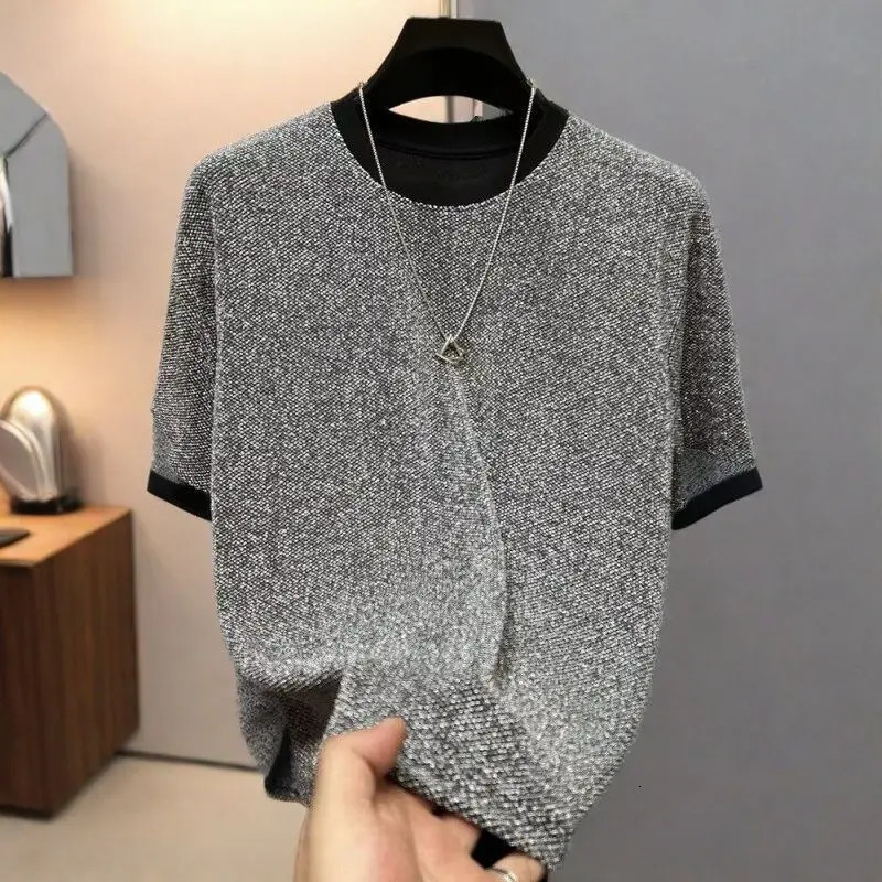 Shiny Silk Men O Neck Short Sleeve T Shirt Summer Fashion Hip Hop Punk All-match 2xl Oversize Streetwear Golden Silver Party Bar 260605 - view 4