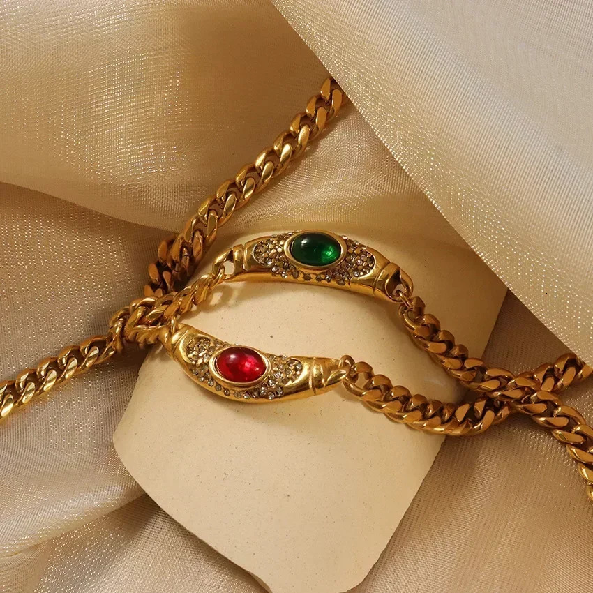 Medieval Big Glass Gem Collares Stainless steel Chain Choker Necklace260530