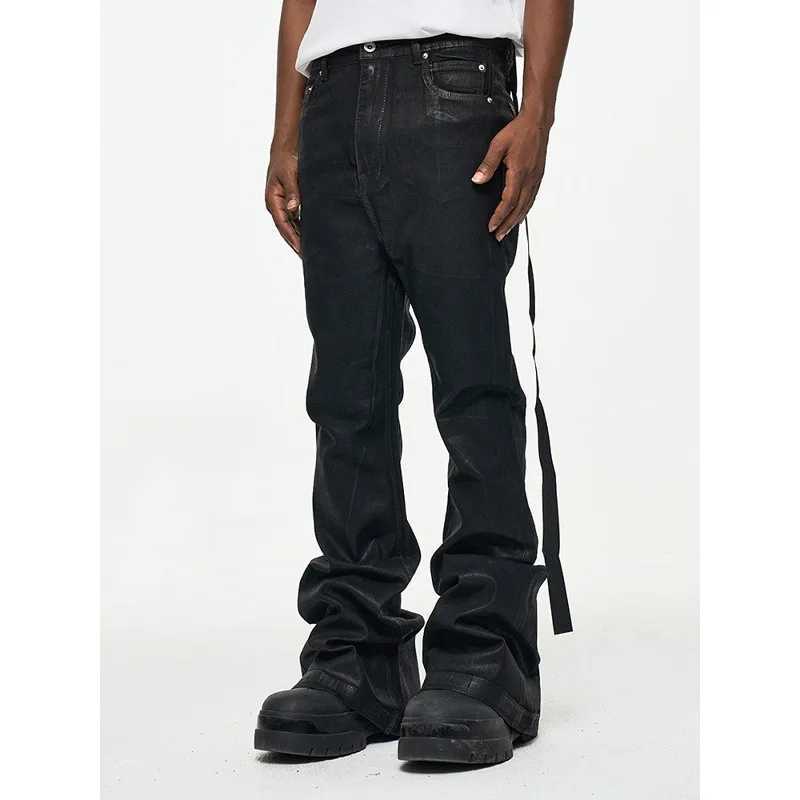 Mens High Street Vinyl Coated Black Jeans Crease Textured Wide Leg Boot Cut Slim Fit Casual Streetwear PantsT260605 - view 3