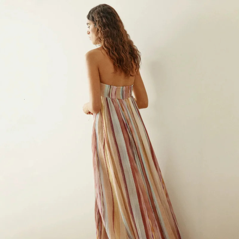 Casual Striped Bandeau Maxi Dress Women Strapless Off Shoulder Flowy Bohemian Summer Beachwear Vacation Aesthetic Dress 260604 - view 4