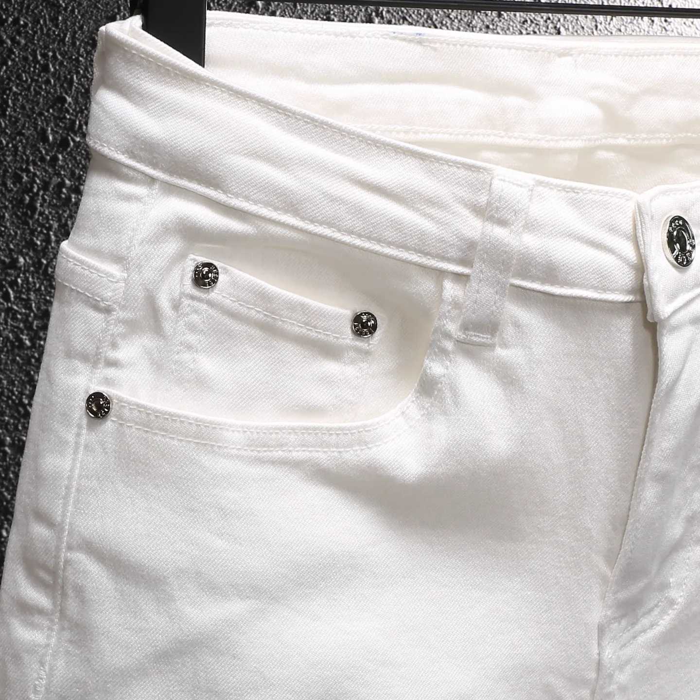 Street Fashion Men Jeans White Elastic Stretch Skinny Fit Ripped Jeans Men Zipper Designer Beading Patch Hip Hop Denim PantsT260605 - view 4