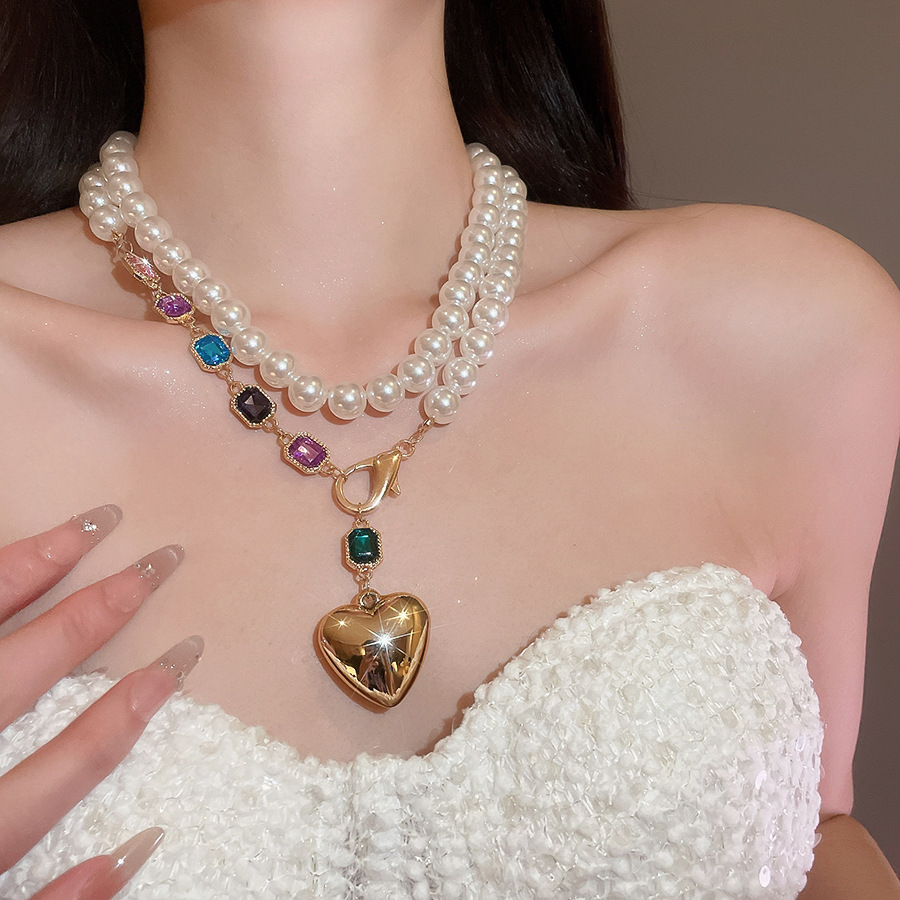 European American style versatile faux pearl beaded collarbone necklace with fashionable colorful gemstone and heart pendant - view 9