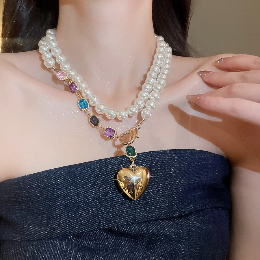 European American style versatile faux pearl beaded collarbone necklace with fashionable colorful gemstone and heart pendant - view 6