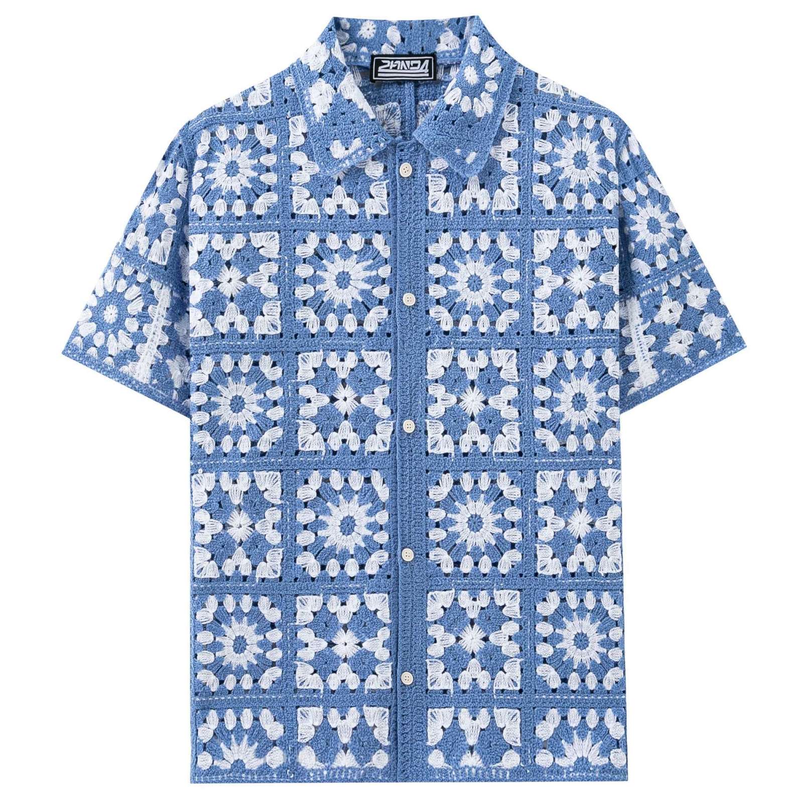Men Retro Printed Knitted Short Sleeved Cardigan Casual Trend Turn-down Collar Button T-shirts Summer Male Street Sweater 240814