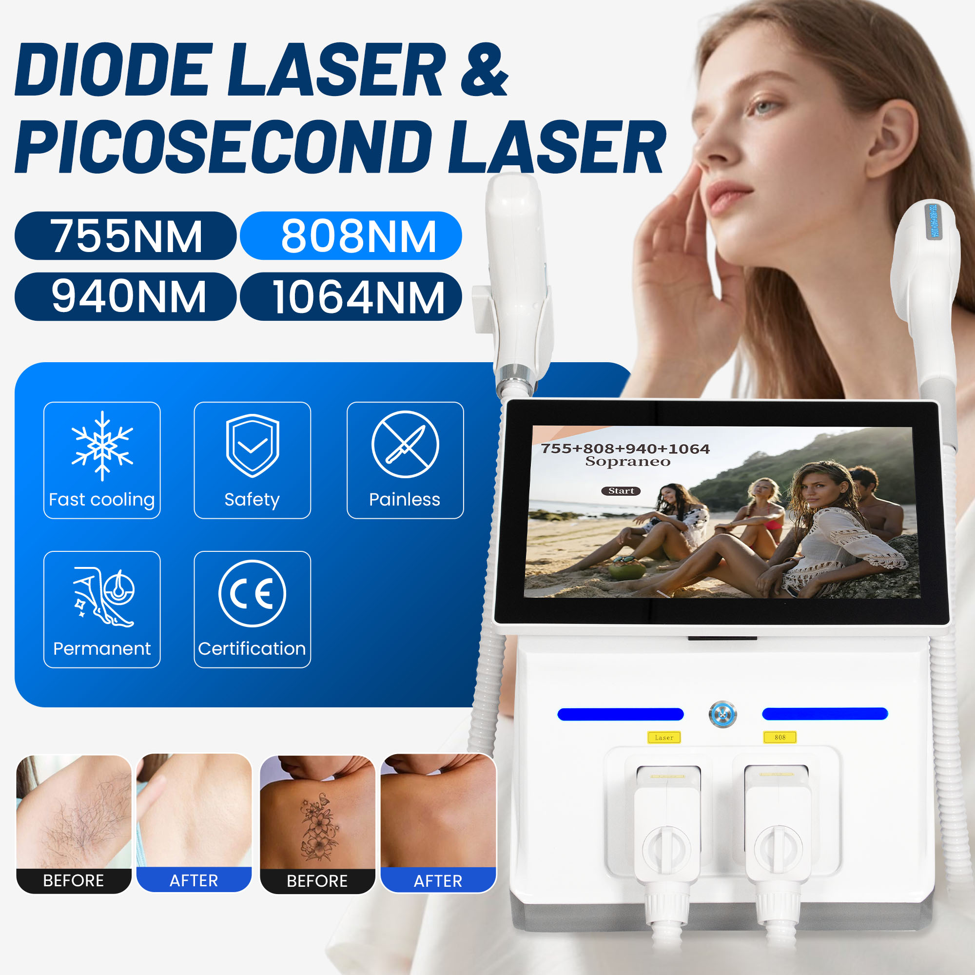 Professional Picosecond And Diode 2 In 1 Laser Tattoo Removal And Hair Removal Device 10 Bars 755 808 940 1064nm With Sapphire Ice Cooling For Whole B