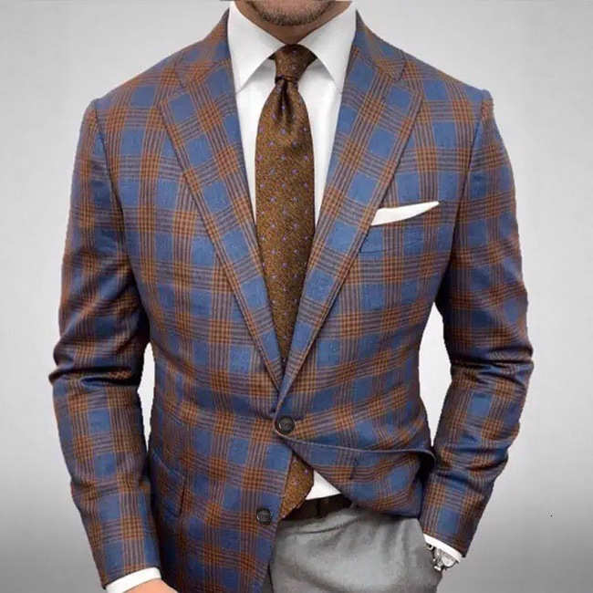 Mens Allover Stripe Plaid Print Long Sleeve Classic Lapel Two Button Suit Jacket Banquet Business Occasion Old Style 240902