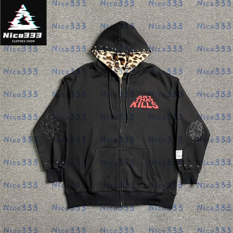 G Depts Leopard ATK letters arm rivets leather printed zipper paragraph hundred street personality loose men and women casual hoodie