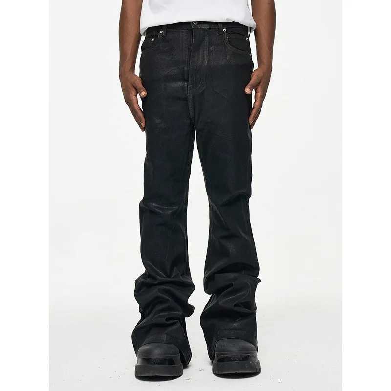 Mens High Street Vinyl Coated Black Jeans Crease Textured Wide Leg Boot Cut Slim Fit Casual Streetwear PantsT260605 - view 4