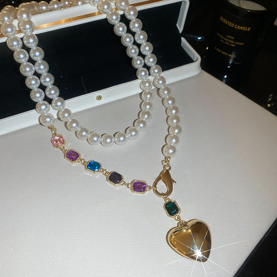 European American style versatile faux pearl beaded collarbone necklace with fashionable colorful gemstone and heart pendant - view 5