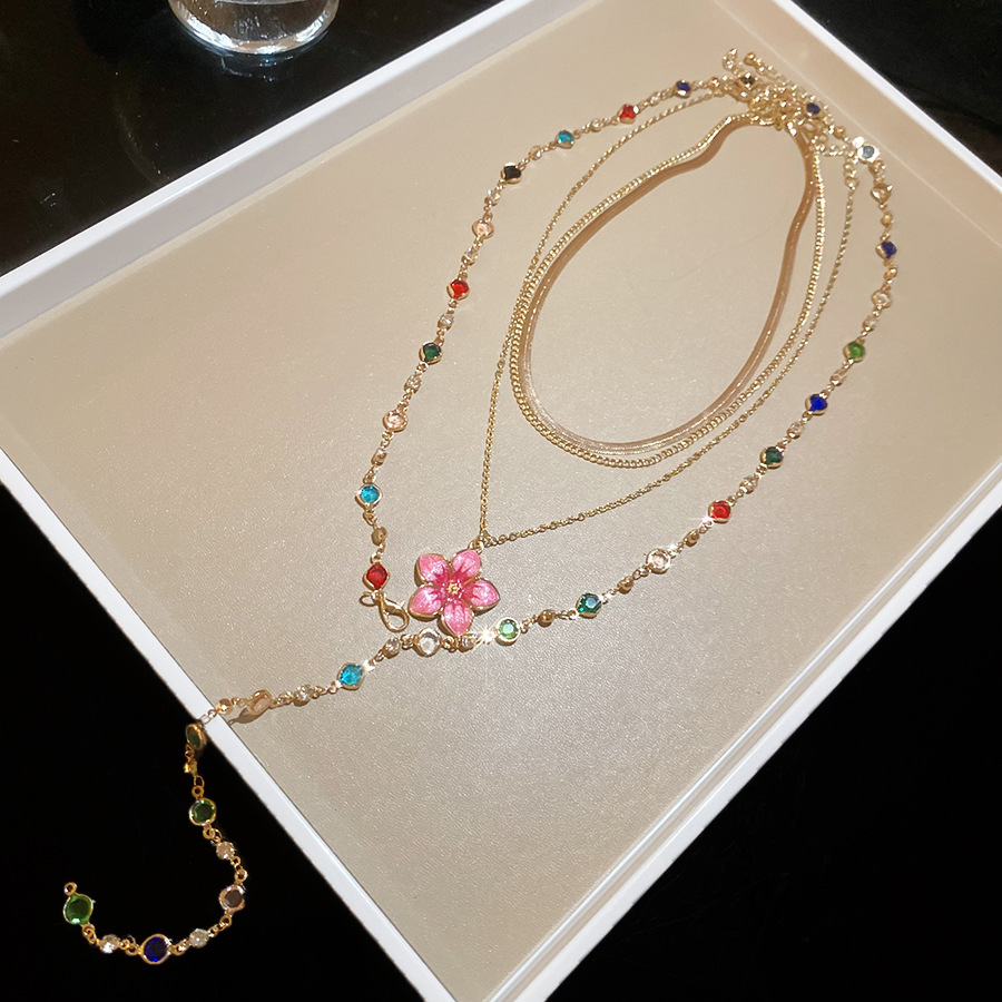 Crystal bead pendant necklace with oil-drip floral design, vintage court style collarbone chain, light luxury high-end jewelry wholesale - view 7