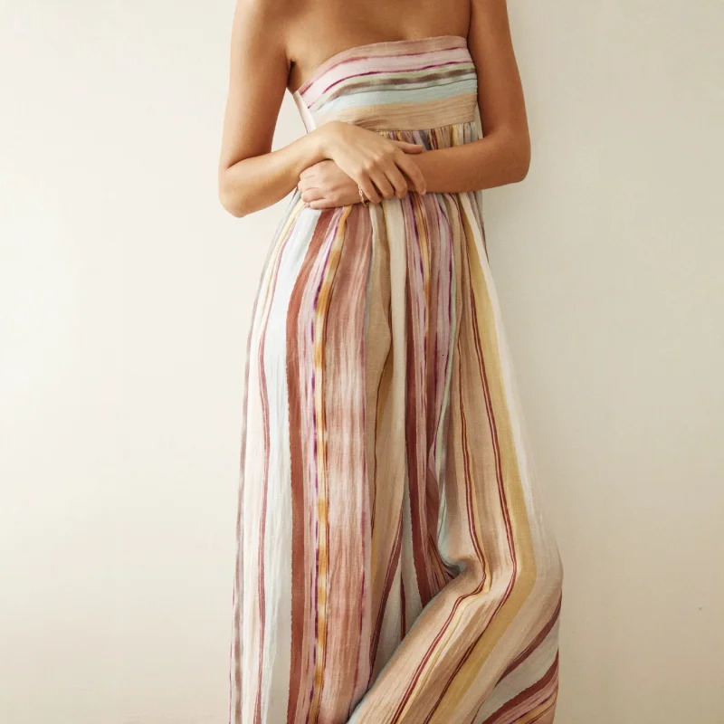 Casual Striped Bandeau Maxi Dress Women Strapless Off Shoulder Flowy Bohemian Summer Beachwear Vacation Aesthetic Dress 260604 - view 3