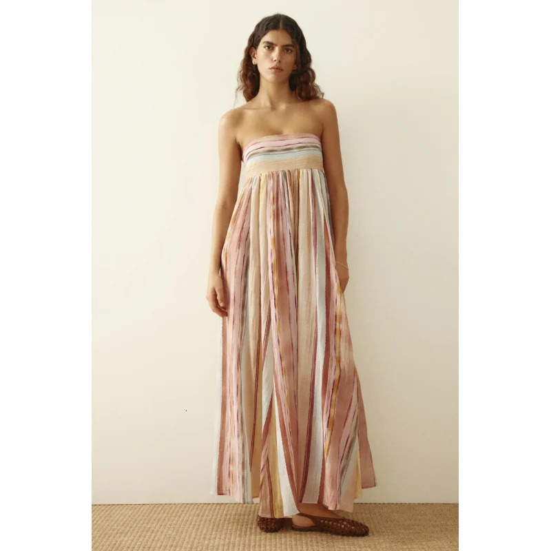 Casual Striped Bandeau Maxi Dress Women Strapless Off Shoulder Flowy Bohemian Summer Beachwear Vacation Aesthetic Dress 260604 - view 7