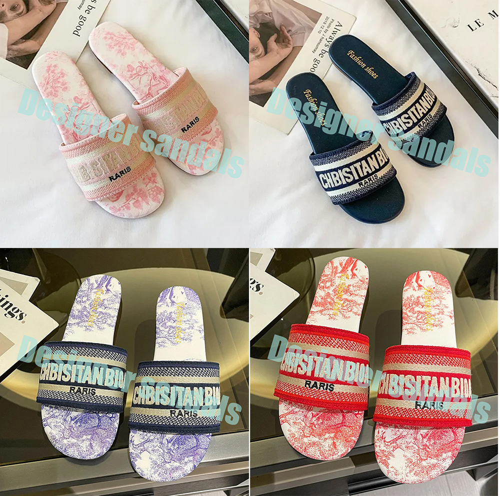 Paris Embroidery Designer slippers slide luxury Sandals sliders women embroidered canvas flat mules Platform linen fashion high heel sandal platform shoes AAA