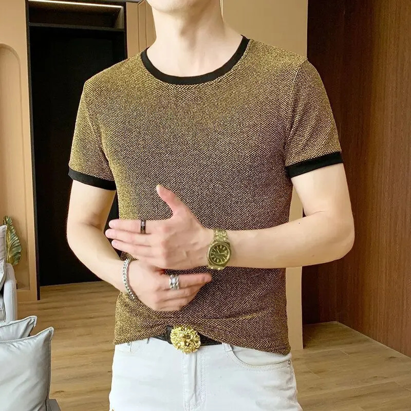 Shiny Silk Men O Neck Short Sleeve T Shirt Summer Fashion Hip Hop Punk All-match 2xl Oversize Streetwear Golden Silver Party Bar 260605 - view 5