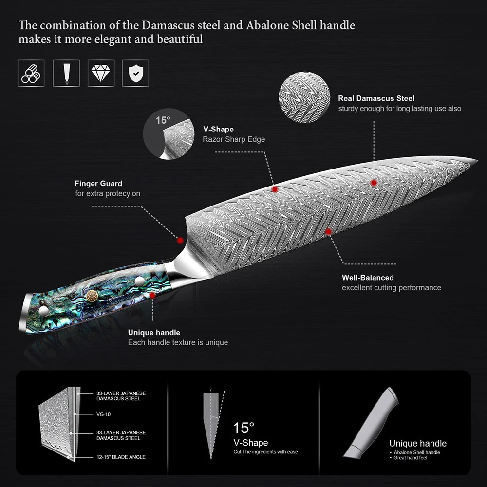 Profession Damascus Steel Chef Knife Super sharp Kitchen Knife Cleaver Paring Bread Knife etc Exquisite Abalone Shell Handle 260605 - view 4