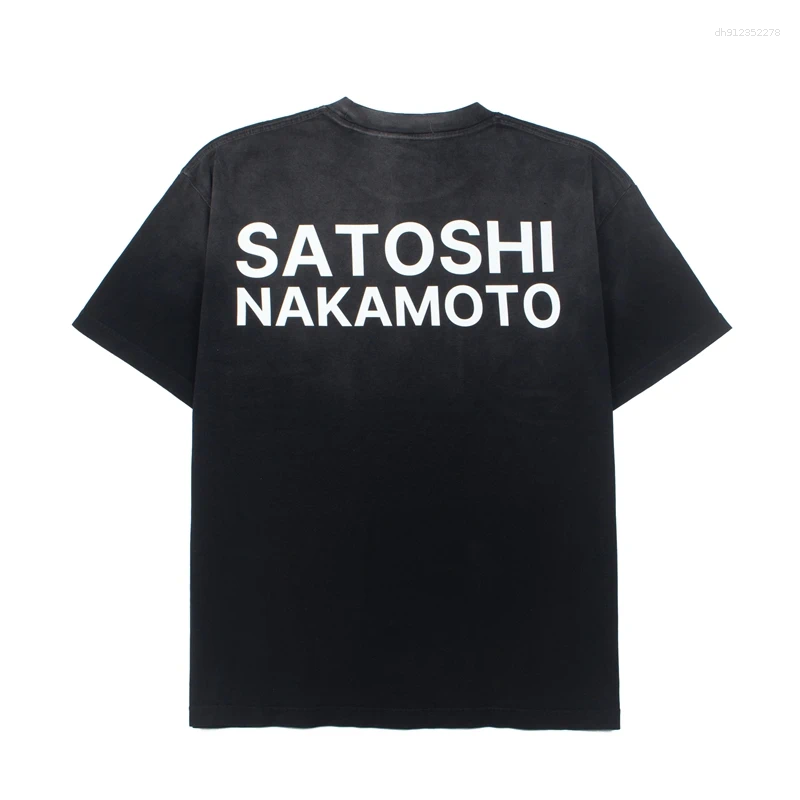 Men's T Shirts Washed Black Summer Satoshi T-shirt Dollar Print Letter Men Women Short Sleeve Top Cotton Tees - view 6