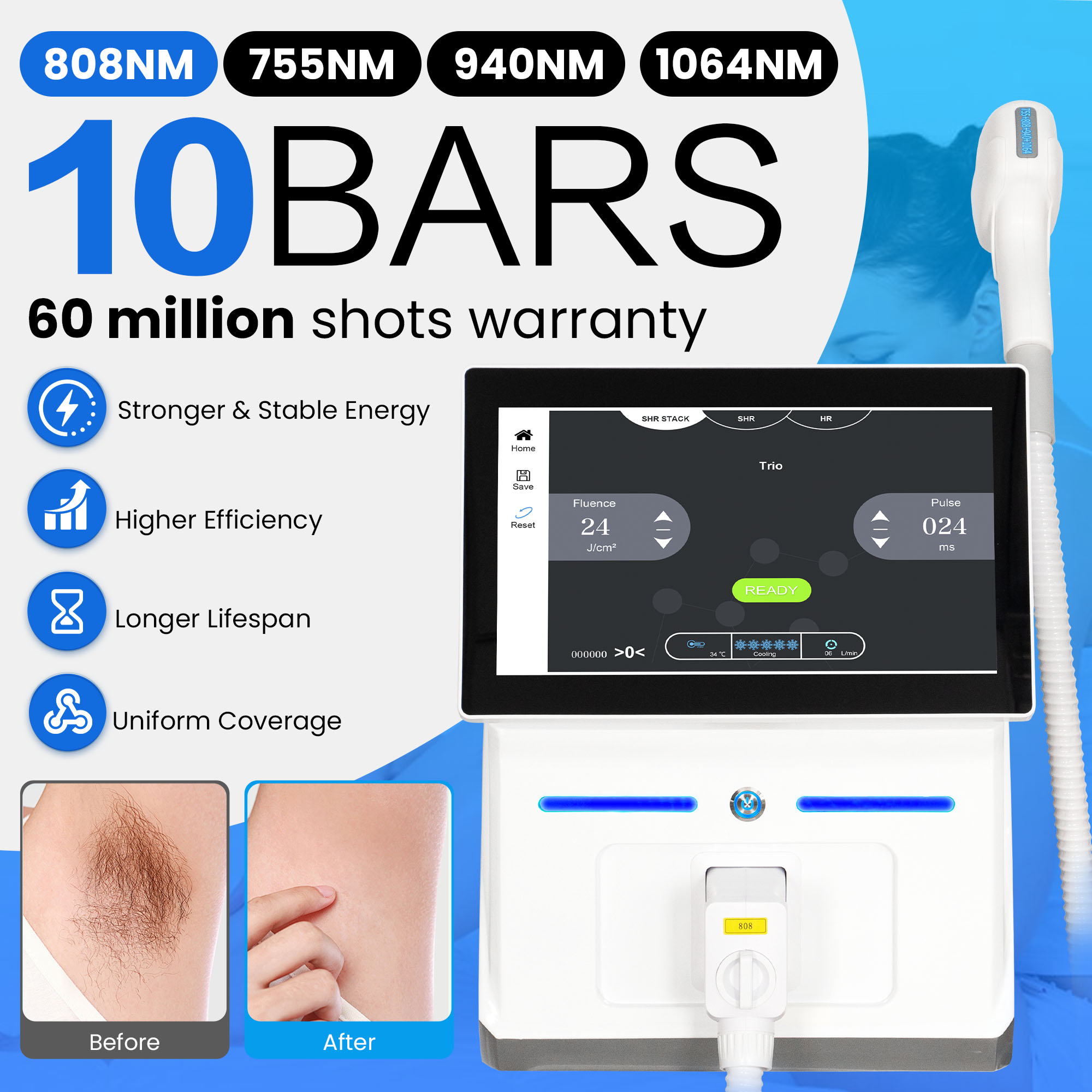 10BARS 4 Wavelengths 808NM 755NM 940NM 1064NM Diode Laser Hair Removal Machine with FAC Collimation 60Million Shots Sapphire Cooling for Home Salon Us