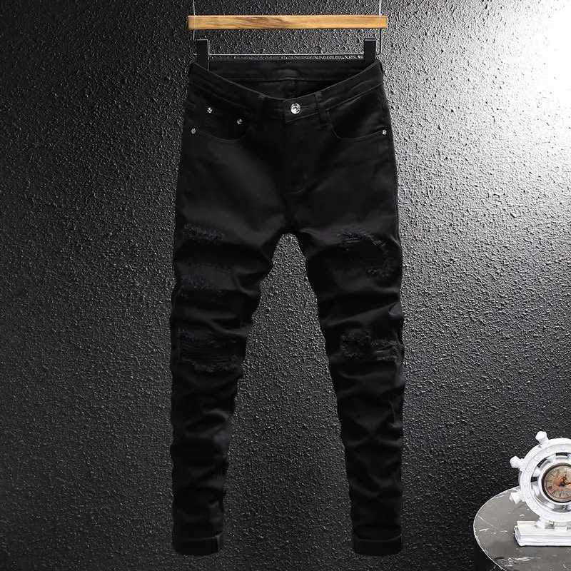 Street Fashion Men Jeans White Elastic Stretch Skinny Fit Ripped Jeans Men Zipper Designer Beading Patch Hip Hop Denim PantsT260605 - view 7