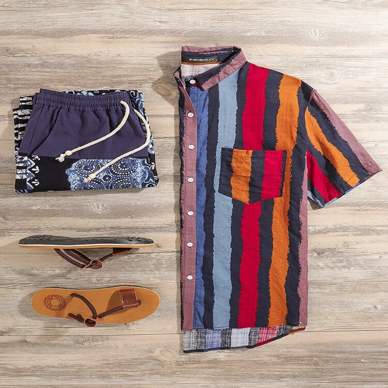 Pocket Hem Short Summer Blouse Shirts For Men Loose Shirts Lump Sleeve Multi Round MenS Blouse Hawaiian Summer Clothes 240808