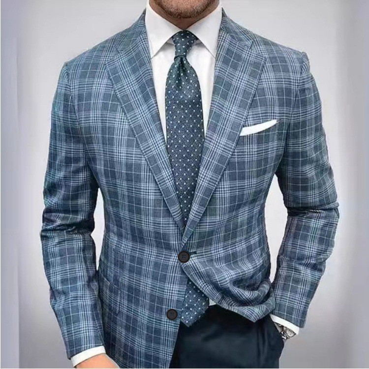 Mens Allover Stripe Plaid Print Long Sleeve Classic Lapel Two Button Suit Jacket Banquet Business Occasion Old Style 240902
